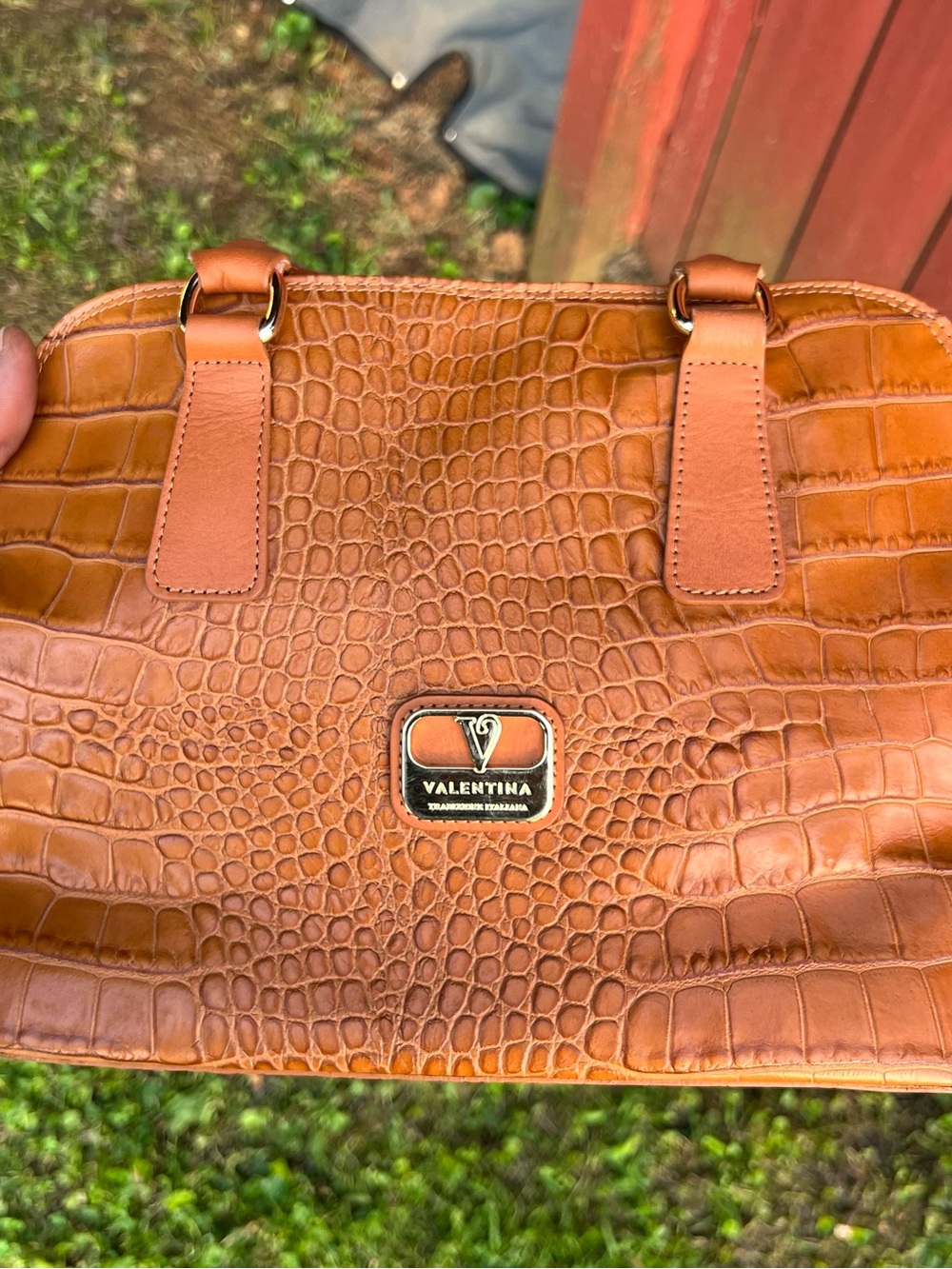 Valentina Croc-Embossed Satchel in Tan Brown